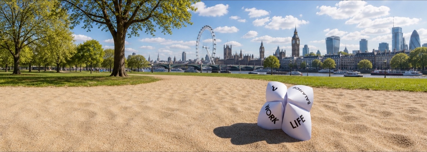 Hans Schumann executive and career coach in London — a paper fortune teller marked work, life and balance resting on sand with the London skyline beyond