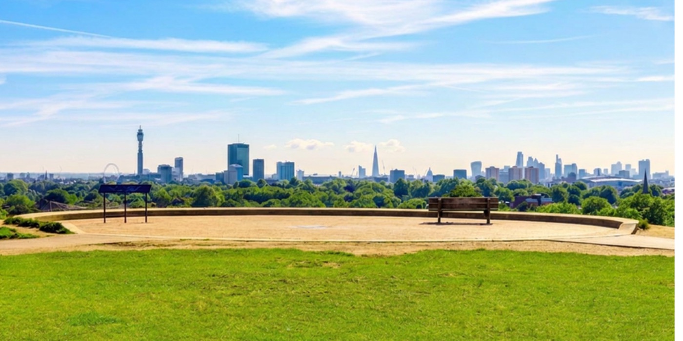 Stress coach in London — the London skyline viewed across the green of Primrose Hill on a clear summer morning